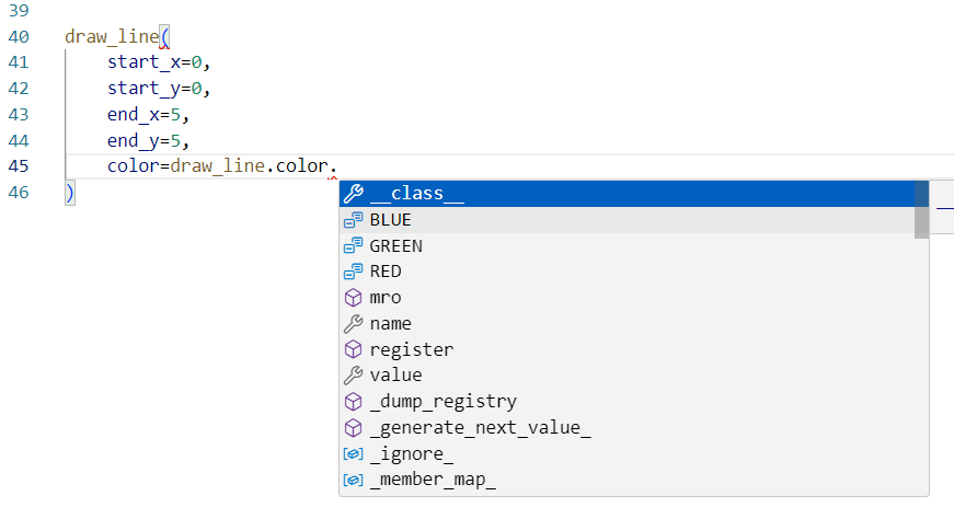 VS Code autocomplete shows Color enum options when typing draw_line.colors.